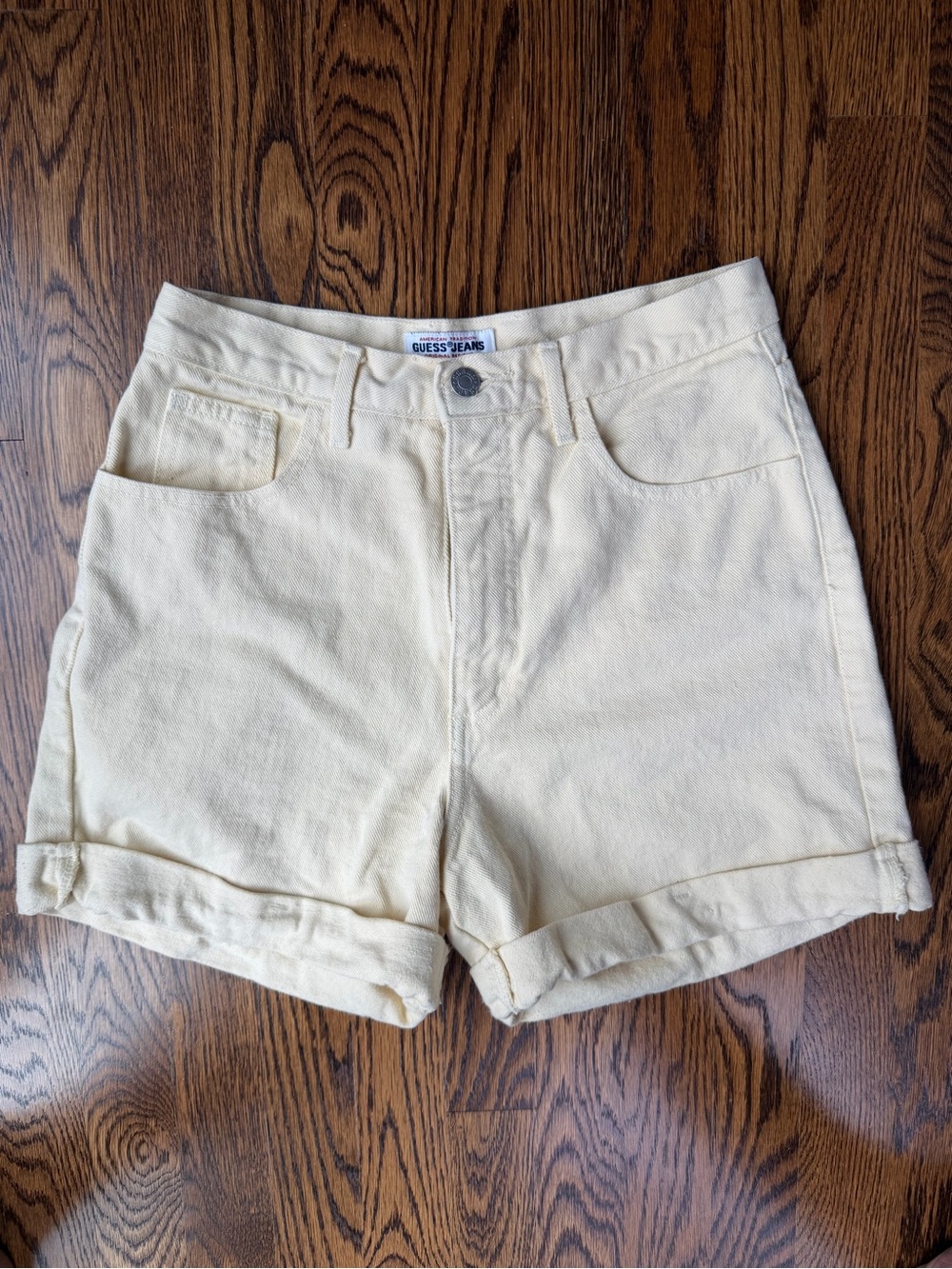 Guess Vintage Butter Yellow Mom 90s Jeans High-Rise Rolled Hem Cotton Shorts